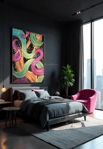 A modern dark living room with abstract painting on the dark wall featuring bold various colors including fuchsia pink, gold, sage-turquoise, and black, with splash gold over and black floating frame.
The room has a dark modern sofa, a modern wooden coffee table, a large fuschia pink velvet armchair, and floor-to-ceiling windows overlooking a city with skyscrapers, creating a stylish and visually striking interior design in daylight . 