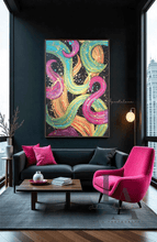 A modern dark living room with abstract painting on the dark wall featuring bold various colors including fuchsia pink, gold, sage-turquoise, and black, with splash gold over and black floating frame.
The room has a dark modern sofa, a modern wooden coffee table, a large fuschia pink velvet armchair, and floor-to-ceiling windows overlooking a city with skyscrapers, creating a stylish and visually striking interior design in daylight . 