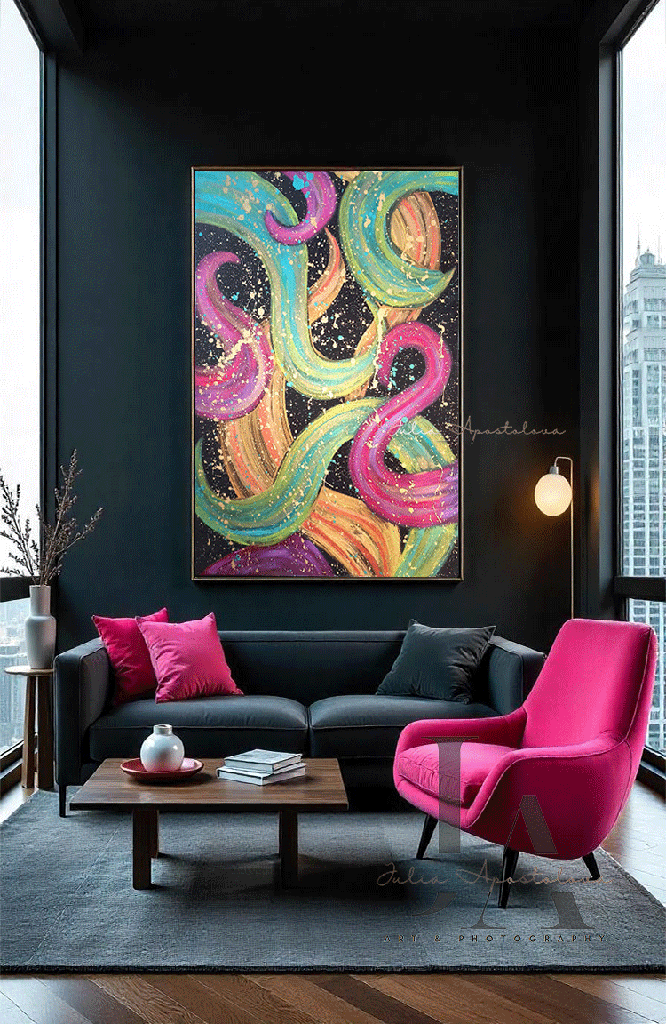 A modern dark living room with abstract painting on the dark wall featuring bold various colors including fuchsia pink, gold, sage-turquoise, and black, with splash gold over and black floating frame.
The room has a dark modern sofa, a modern wooden coffee table, a large fuschia pink velvet armchair, and floor-to-ceiling windows overlooking a city with skyscrapers, creating a stylish and visually striking interior design in daylight . 