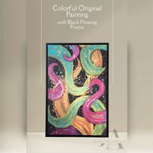 Original abstract botanical painting 'Dance With Me' in fuchsia, sage, and gold with floating black frame. Contemporary art for modern and boho home décor.
A modern abstract botanical painting with black floating frame, featuring bold various colors including fuchsia pink, gold, sage-turquoise, and black, with splash gold over, displayed in living room with natural lighting.