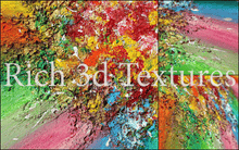 Close-up of 'Rainbow Soul' sculptured abstract painting showing pink-red, sage green, yellow, orange, blue-turquoise colors, and rich 3d textures, showcasing boho and wabi sabi vibes.