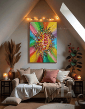 Well-styled boho space that match the vibe of vibrant colorful original wabi-sabi painting ''Rainbow Soul'', by artist Julia Apostolova.
The room is with boho decor, the painting is hanging over sofa, surrounded with cushions, there is a decorative elements, like two vases with plants next to the sofa, warm lighting, and the overal atmosphere is cozy and inviting.
A modern boho room with cozy boho décor. Bold, colorful wall art, featuring rainbow colors for contemporary homes. 