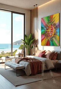 Well-styled bedroom that match the vibe of vibrant colorful wabi-sabi 3d textured painting futured rainbow colors. The room look stylish and inspiring with boho decor, with plants, warm lighting, cozy textures, and a large windows with gorgeous sea view. The overall design is sleek and contemporary, with a focus on natural light and a floor-to-ceiling windows overlooking the seascape view. 