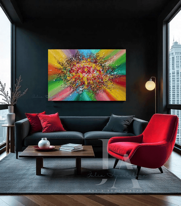 A modern office room with sculptured abstract painting on the dark wall featuring bold various colors including pink, yellow, green, gold, turquoise-blue, and white, with rich and unique 3d textures.