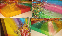 Close-up of 'Rainbow Soul' abstract painting showing pink-red, lilac, sage green, yellow, orange, blue-turquoise colors, and sculptured rich 3d textures, showcasing boho and wabi sabi vibes. The painting is already stretched on wooden inner Ready to Hang frame, Ready to Hang and Ready to Ship, directly from Julia Apostolova's art studio in Greece.