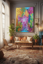 Living room with a colorful abstract painting on the wall, plants, and a wooden coffee table.
