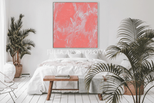 Modern bedroom with a coral-pink abstract painting, plants, and a wooden bench.

