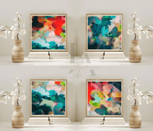 Colorful Abstract Botanical Art Small Framed Prints Set of 4 over  books setting, Boho Gallery Wall Decor Teal Red Floral Canvas, Boho Chic Floral Teal Red Wall Art for Eclectic Home Decor, Small Canvas Floral Wall Art Decor, sage green wall art, mother's day gift, Julia Apostolova, exotic decor, trendy decor, interior, hallway, spring decor, art gift for her, nursery art, housewarming, Floral Painting, Exotic Painting, Abstract Wall Art, Modern Decor, Bold Wall Art Boho Decor, Living Room