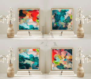 Colorful Abstract Botanical Art Small Framed Prints Set of 4 over  books setting, Boho Gallery Wall Decor Teal Red Floral Canvas, Boho Chic Floral Teal Red Wall Art for Eclectic Home Decor, Small Canvas Floral Wall Art Decor, sage green wall art, mother's day gift, Julia Apostolova, exotic decor, trendy decor, interior, hallway, spring decor, art gift for her, nursery art, housewarming, Floral Painting, Exotic Painting, Abstract Wall Art, Modern Decor, Bold Wall Art Boho Decor, Living Room