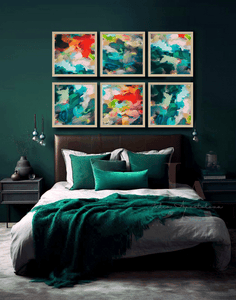 Colorful Abstract Botanical Art Framed Prints Set of 6 over bed in emerald green bedroom setting, Boho Gallery Wall Decor Teal Red Floral Canvas, Boho Chic Floral Teal Red Wall Art for Eclectic Home Decor, Small Canvas Floral Wall Art Decor, sage green wall art, mother's day gift, Julia Apostolova, exotic decor, trendy decor, interior, hallway, spring decor, art gift for her, nursery art, housewarming, Floral Painting, Exotic Painting, Abstract Wall Art, Modern Decor, Bold Wall Art Boho Decor, Living Room