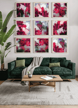 Set of 9 Framed Canvas Art Prints over green coach in living room setting, Boho Chic Floral Berry Dark Pink Wall Art for Eclectic Home Decor, Abstract Botanical Painting Small Canvas Floral Wall Art Decor, Colorful Painting Living Room Sage Green Colorful Abstract Painting Large Canvas Bold Wall Art Boho Decor, Floral Painting, Julia Apostolova, Abstract Wall Art, Modern Decor, mother's day gift, exotic decor, trendy decor, interior, art gift for her, nursery art, father's day gift