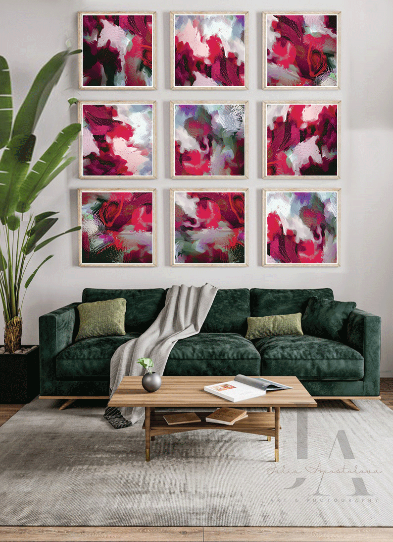 Set of 9 Framed Canvas Art Prints over green coach in living room setting, Boho Chic Floral Berry Dark Pink Wall Art for Eclectic Home Decor, Abstract Botanical Painting Small Canvas Floral Wall Art Decor, Colorful Painting Living Room Sage Green Colorful Abstract Painting Large Canvas Bold Wall Art Boho Decor, Floral Painting, Julia Apostolova, Abstract Wall Art, Modern Decor, mother's day gift, exotic decor, trendy decor, interior, art gift for her, nursery art, father's day gift