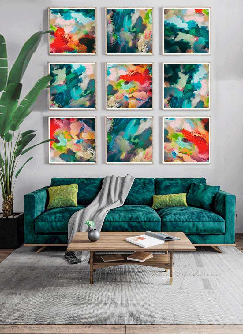 Teal Pink Abstract Art Prints Set, Modern Gallery Wall Decor, Framed Canvas, Minimalist Home GiftsCanvas Set of 9, Boho Chic Floral Dark Pink Wall Art for Eclectic Home Decor, Small Canvas, sage green wall art, mother's day gift, Julia Apostolova, exotic decor, trendy decor, interior, hallway, spring decor, art gift for her, nursery art, housewarming, Floral Painting, Exotic Painting, Abstract Wall Art, Modern Decor, Bold Wall Art Boho Decor, Colorful Painting Living Room Sage Green 