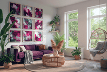 Set of 9 Framed Canvas Art Prints, Boho Chic Floral Berry Dark Pink Wall Art for Eclectic Home Decor