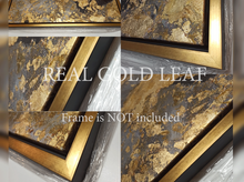 Close up details of Gold leaf abstract painting with gold leaf sheets and gold black floating frame, by artist Julia Apostolova