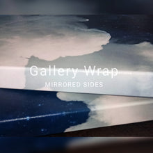 A close-up of a gallery wrap canvas or print showing a mirrored sky-and-cloud design, with the text 'Gallery Wrap' and 'MIRRORED SIDES' overlaid across the center.