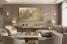 Modern living room with large gold wabi sabi painting, neutral color scheme furniture and gold decorations.