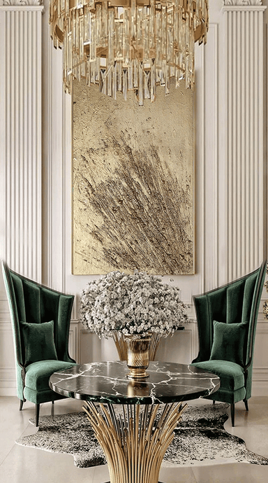 A large gold sculptured original wall painting, with intricate patterns, 3d unique relief textures, gold color scheme, displayed prominently in a luxurious livingroom interior with marble coffee table, modern walls and gold chandelier.