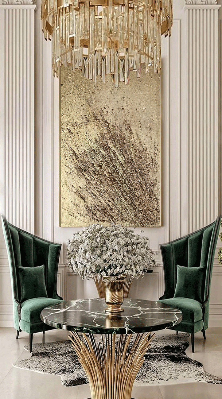 A large gold sculptured original wall painting, with intricate patterns, 3d unique relief textures, gold color scheme, displayed prominently in a luxurious livingroom interior with marble coffee table, modern walls and gold chandelier.