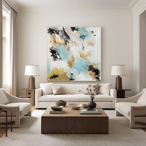 A modern interior space featuring a large abstract painting with soft teal - light blue, white, black hues and real gold leaves. Natural light filters in, through large windows. The room has a minimalist design features a large white sofa , a low wooden coffee table, and decorative elements like a vase with flowers, books , and 2 lamps, next the sofa. 