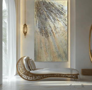 A large gold sculptured original wall painting, with intricate patterns, 3d unique relief textures, gold and silver color scheme, displayed prominently in a luxurious livingroom interior . The foreground features white and gold decorative elements, creating a warm and inviting atmosphere. The room has large windows that let in natural light and provide a view of the outdoor greenery