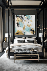 A modern and luxurious bedroom with a large bed, gray and white and beige bedding, and an elegant neutral artwork on the wall. The original painting feature real gold leaf, white, black and teal color scheme. The room has large windows, dark wood furniture, plush seating areas, neutral tones, creating a calming and harmonious atmosphere