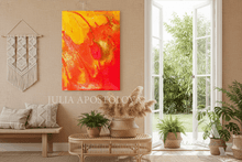 Living room with a colorful orange gold abstract painting, macrame wall hanging, potted plants, boho decoration, and garden view.