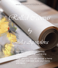 Rolled canvas with text about Julia Apostolova's canvas and frame options.
