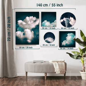 Cloud Wall Art Circle Prints Set of 5 Large Teal Abstract Art Navy Blue Canvas for Trendy Home Decor