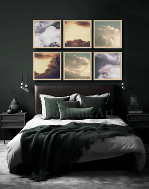 Set of 6 Framed Cloud Prints, hanging over bed in dark bedroom setting