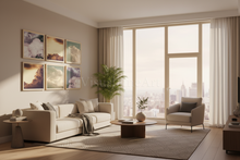Modern living room with 6 cloud framed canvas paintings prints, large windows with city view, beige sofa, armchair, and plants