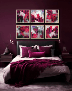 Set of 6 Framed Canvas Art Prints over bed in fuscia pink bedroom, Boho Chic Floral Berry Dark Pink Wall Art for Eclectic Home Decor, Abstract Botanical Painting Small Canvas Floral Wall Art Decor, Colorful Painting Living Room Sage Green Colorful Abstract Painting Large Canvas Bold Wall Art Boho Decor, Floral Painting, Julia Apostolova, Abstract Wall Art, Large Wall Art, Modern Decor, sage green wall art, mother's day gift, exotic decor, hallway, spring decor, art gift for her, nursery art, housewarming