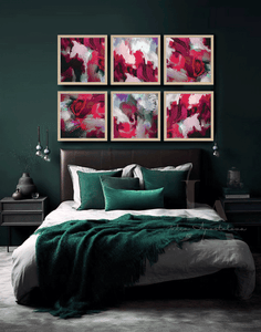 Set of 6 Framed Canvas Art Prints over bed in teal emerald bedroom, Boho Chic Floral Berry Dark Pink Wall Art for Eclectic Home Decor, Abstract Botanical Painting Small Canvas Floral Wall Art Decor, Colorful Painting Living Room Sage Green Colorful Abstract Painting Large Canvas Bold Wall Art Boho Decor, Floral Painting, Julia Apostolova, Abstract Wall Art, Large Wall Art, Modern Decor, sage green wall art, mother's day gift, exotic decor, trendy decor, interior, art gift for her, nursery art