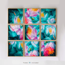 A 3x3 grid of framed abstract floral paintings in light wood frames, displayed on a white wall. The artwork features vibrant teal, pink, orange, and white brushstrokes.