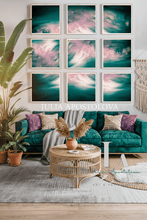 A 9-panel framed wall art set featuring abstract teal and pink cloud-like imagery, displayed above a teal sofa in a styled living room. The text 'JULIA APOSTOLOVA' is overlaid across the center, with a smaller 'Art & Tea' watermark near the bottom right.