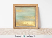 A serene landscape painting depicting a tranquil ocean scene with a golden sunset horizon and soft turquoise and pale blue hues in the water.