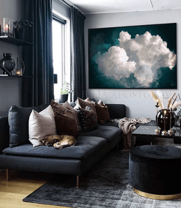 Cloud Painting with Fluffy Clouds Large Teal Canvas Abstract Art for Modern Decor by Julia Apostolova, Cloud Dream Dark Teal Wall Art Cloud Painting Celestial Abstract Canvas Print for Trendy Wall Decor, Cloud Painting Print, Dreamy Cloudscape Abstract, Dark Teal Wall Art Canvas, Large Trendy Cloud Art, Mystery, Dark Sky, Decor, Interior Ideas, Interior Design, Bedroom Art, Art over bed, Living Room, Hotel Lobby Decor Wall Art, Dreaming Art, Trend Decor, Livingroom Art, Office Decor, Christmas Gift for Him