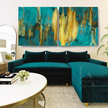 Teal sectional sofa in a living room with teal gold abstract art on the wall, by artist Julia Apostolova