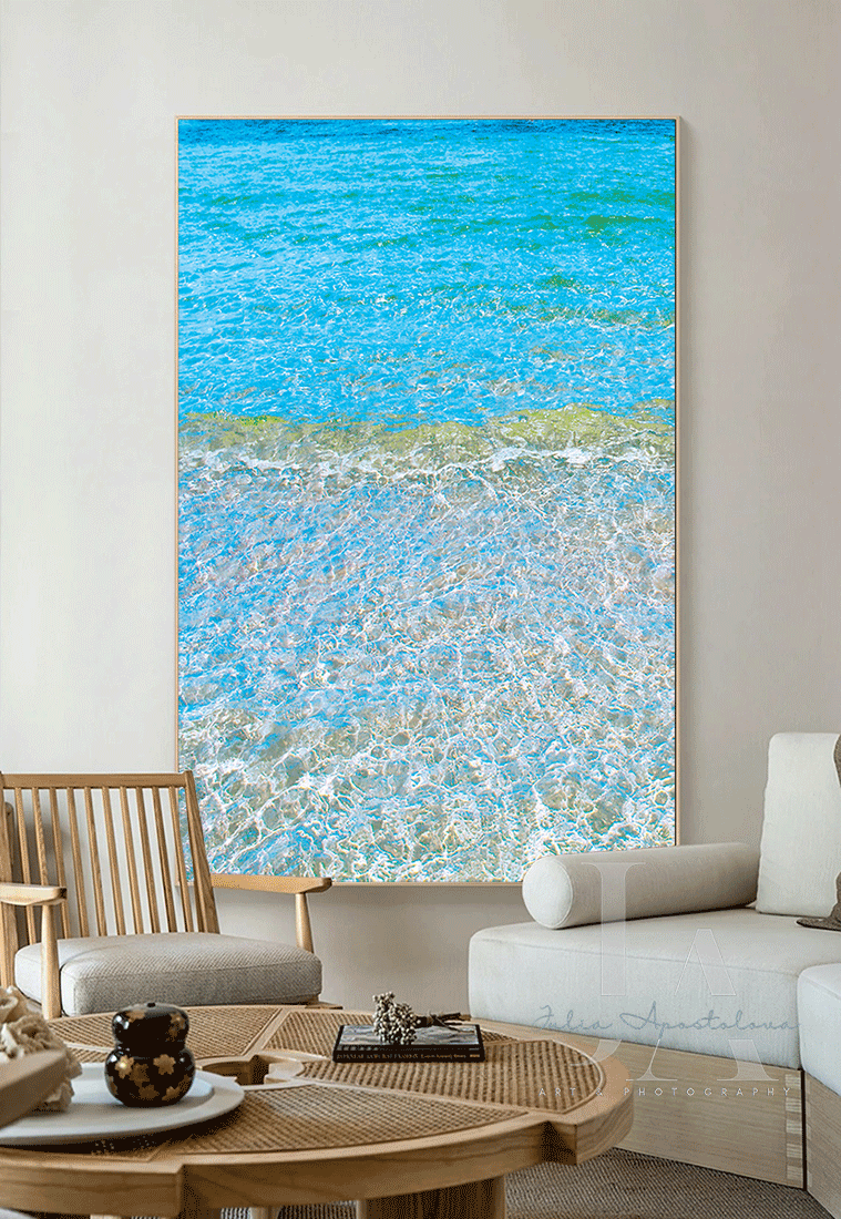 Sardinian Waters, Tropical Wall Art in living room setting, Large Canvas Print, Perfect Coastal Relaxing Gift for Sea Lover, turquoise waters, zen minimalist art
