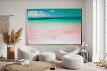 Modern living room with a large abstract painting of a beach scene.