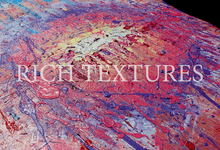A close-up of a highly textured, abstract canvas painting with thick impasto brushstrokes and drips in vibrant pink, red, purple, blue, and yellow tones, overlaid with the text 'RICH TEXTURES'.