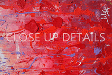 Abstract red and pink paint texture with thick brushstrokes, splatters, and blue accents, overlaid with the text 'CLOSE UP DETAILS'.