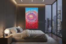 A large contemporary abstract wabi sabi with vibrant red, pink, and blue paint strokes hangs on a dark gray wall above a modern bed in a luxury bedroom. The room features a city skyline view through floor-to-ceiling windows on the right.