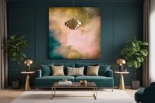 A large abstract canvas print with gold, pink, and teal tones hangs on a dark teal paneled wall above a teal velvet sofa in a modern living room setting.
