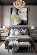 Luxurious bedroom with a large bed, chandelier, and a large gold leaf abstract painting, by artist Julia Apostolova.
