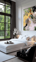 Modern bedroom with white bed, large artwork on the wall, by artist Julia Apostolova, and a window greenery view.