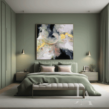Modern bedroom with sage green walls, a bed, and abstract art on the wall, by artist Julia Apostolova