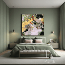 Abstract Floral Painting - Oversize Canvas Art, Black Gold Sage Green Wall Decor - Julia Apostolova