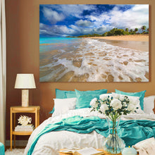 Large Tropical Beach Canvas – Golden Sand, Sea Foam Waves & Palm Trees Coastal Wall Art