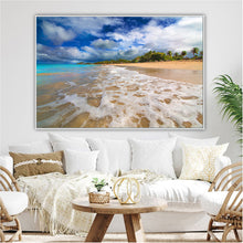 Large Tropical Beach Canvas – Golden Sand, Sea Foam Waves & Palm Trees Coastal Wall Art